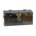 CHINESE BRASS BOUND SOFTWOOD BOX, with half hinged top, side handles and lock plae and clasp,