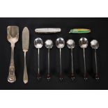 SET OF SIX SILVER BEAN TOPPED COFFEE SPOONS, with shell bowls and black Bakelite bean tops,