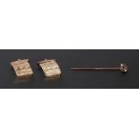 SAPPHIRE AND SEED PEARL SET GOLD STICK PIN, in case AND A PAIR OF SILVER GILT CUFFLINKS