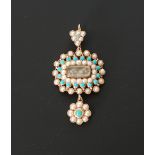 SEED PEARL AND TURQUOISE SET GOLD HAIR LOCKET SENTIMENTAL PENDANT, the rectangular pendant with