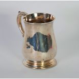 GEORGE II SILVER HALF PINT PLAIN BALUSTER MUG, with acanthus capped double scroll handle, on