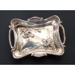EDWARDIAN ART NOUVEAU SILVER TWO HANDLED SMALL TRINKET TRAY shaped oblong repousse with flowers