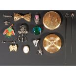 COSTUME JEWELLERY, including, TWO SILVER HAT PINS, BEADED NECKLACES, PASTE EARRINGS AND BROOCHES, AN