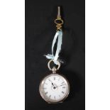 800 STANDARD SILVER CASED FOB WATCH, key wind movement, roman dial with painted floral decoration,