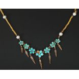 TURQUOISE, SEED PEARL AND DIAMOND SET GOLD FRINGE NECKLACE, the front with seven graduated turquoise