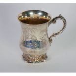 VICTORIAN SILVER HALF PINT MUG, the  baluster shaped body engraved autour with farm workers in a