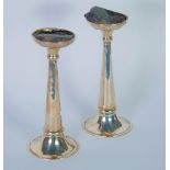 PAIR OF SILVER TRUMPET FLOWER VASES, each with a ribbed collar on cushion knop and circular base,
