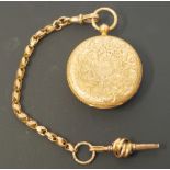 18CT GOLD FOB WATCH, movement signed J.T WILKINSON, LEEDS, 2827, gilt foliate roman dial with blue