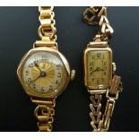 LADY'S 9CT GOLD CASED WRIST WATCH, mechanical movement, gilt and silver Arabic dial, Birmingham