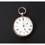 SILVER CASED FOB WATCH, key wind movement, porcelain roman dial with seconds dial and blue steel