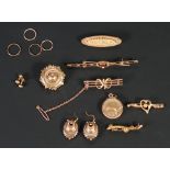 THREE GOLD BAR BROOCHES, stamped 9ct, A GEM SET GOLD BAR BROOCH (af), A GILT 'MOTHER' BROOCH, A GILT