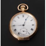 18CT GOLD OPEN FACED POCKET WATCH with Swiss 17 jewel keyless movement, white roman dial with