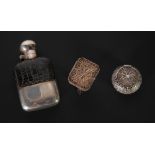 SILVER AND CROCODILE SKIN SMALL POCKET SPIRIT FLASK, with silver hinged bayonet cap and removable