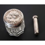 GLASS TABLE JAR WITH PULL OFF SILVER LID, EMBOSSED WITH ANGELIC FACES, Birmingham 1927 AND A