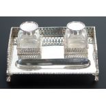 SILVER INK STAND, rectangular form with two glass ink bottles with hinged silver lids and pen