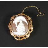 LARGE CARVED SHELL CAMEO, depicting Hebe feeding Zeus as an eagle, in gilt metal vine frame, cameo