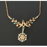 EDWARDIAN SEED PEARL, TURQUOISE AND DIAMOND SET GOLD PENDANT NECKLACE, the front with foliate sprays