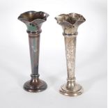 PAIR OF WEIGHTED SILVER TRUMPET VASES, WITH WAVY TOPS, plain tapering stem and stepped circular