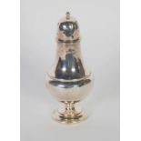 SILVER SUGAR CASTOR, pyriform with stepped shoulder, on short stem and circular foot, 6 1/4" high,