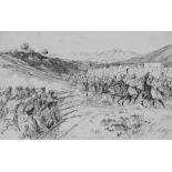 H. JOHNSON  PEN AND BLACK INK DRAWING  Boer War scene of British foot soldiers repelling native