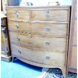 EARLY 19TH CENTURY MAHOGANY BOW FRONTED CHEST OF DRAWERS, the shaped top with later side pieces