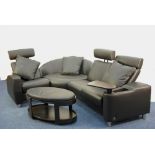 EKORNES STRESSLESS COSTLY MODERN BLACK LEATHER CORNER SEATING UNIT FOR 4 PERSONS, the two end