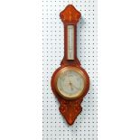 EDWARDIAN INLAID MAHOGANY BANJO ANEROID BAROMETER, with mercury thermometer to the trunk, 29" (73.