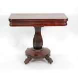 WILLIAM IV FIGURED MAHOGANY PEDESTAL TEA TABLE,  the rounded oblong fold over top above a cushion