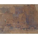 MARY MCNICOLL WROE WATERCOLOUR DRAWING "Manchester Evening" Street scene with market stalls, horses,