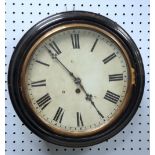 LATE NINETEENTH/EARLY TWENTIETH CENTURY EBONISED WALL CLOCK, the 12" enamelled Roman dial powered by