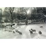 AFTER JOSEPH FARQUHARSON  LARGE BLACK AND WHITE PRINT,  farmer and sheep in a Winter landscape,  oak