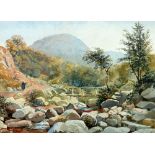 DAVID COX JUNIOR (1809 - 1885) WATERCOLOUR DRAWING Rugged river landscape with figure and rustic