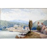 L. PINHORN LATE 19TH CENTURY WATERCOLOUR DRAWING Ruinied abbey and house by a river Signed 4 1/4"