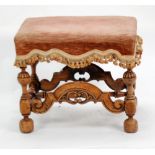 GOOD QUALITY 17TH CENTURY STYLE CARVED AND TURNED FRUITWOOD STOOL with oblong stuff over seat in