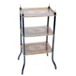 LATE NINETEENTH CENTURY FRENCH EBONISED SCROLL INLAID AND GILT METAL MOUNTED THREE TIER WHAT-NOT,