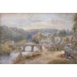 WILLIAM PITT (Active 1853-1890) WATERCOLOUR DRAWING Extensive river landscape with bridge,