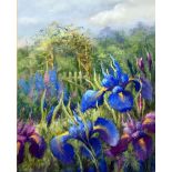 CORINNE GALINSKI, HONITON PASTEL DRAWING 'Irises by the Park Gate' Signed and labelled verso 15 1/2"