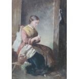 JOHN DAWSON WATSON (1832 - 1892) GOUACHE DRAWING Interior with young woman seated preparing