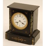 LATE VICTORIAN BLACK SLATE AND GREEN MARBLE CASED MANTEL CLOCK, with French Japy Freres striking