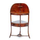 LATE GEORGIAN MAHOGANY AND BOXWOOD LINE INLAID CORNER WASHSTAND, typical form with raised back ,