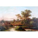W. YATES (19th CENTURY) OIL PAINTING ON CANVAS Wooded landscape with cottages Signed lower centre