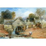 DAVID COX JUNIOR (1809 - 1885) WATERCOLOUR DRAWING Rural scene river with watermill and figure 9 3/