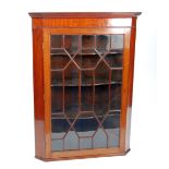 19TH CENTURY MAHOGANY FLAT FRONTED CORNER CUPBOARD, the mirrored cornice above a crossbanded