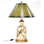 LARGE PRINTED POTTERY BOTTLE SHAPED TABLE LAMP design of parrots and foliage on a gilt circular