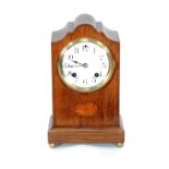 EARLY TWENTIETH  CENTURY ANSONIA AMERICAN INLAID OAK MANTEL CLOCK,, the 4" enamelled Arabic dial