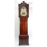 LATE EIGHTEENTH/EARLY NINETEENTH CENTURY FIGURED MAHOGANY AND INLAID ROLLING MOONPHASE LONGCASE