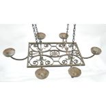 FRENCH CAST IRON SIX ARM CEILING LIGHT, rectangular openwork panel with six upturned branches with