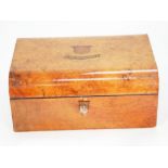 VICTORIAN BURR WALNUT WOOD BOX with two later fitted interior trays, 11" (28cm) wide with key