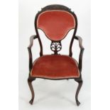 EDWARDIAN CARVED MAHOGANY DRAWING ROOM OPEN ARMCHAIR, the slightly waisted, padded back with leaf