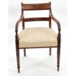 REGENCY MAHOGANY ELBOW CHAIR, the rounded oblong top rail with rounded border above two A twin bar
